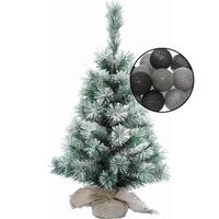 Mini kerstboom besneeuwd met verlichting - in jute zak - H60 cm - zwart/grijs - Kunstkerstboom - thumbnail