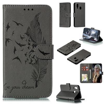 Feather patroon Litchi textuur horizontale Flip lederen draagtas met portemonnee & houder & kaartsleuven voor Galaxy A40 (grijs)