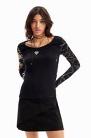 Geribbeld T-shirt met bloemen - BLACK - XXL
