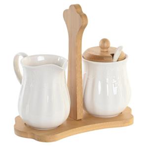 Items luxe Melk en Suikerpot Porselein/bamboe hout - wit - 20 x 11 cm - dispenser met lepel