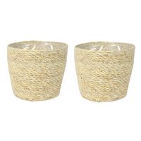 Set van 2x stuks plantenpot/bloempot van jute/zeegras diameter 18 cm en hoogte 16 cm creme beige - thumbnail