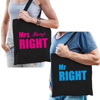 Mrs always right en Mr right kadotassen / shoppers zwart katoen met blauwe en roze tekst koppels / bruidspaar / echtpaar voor volwassenen   -