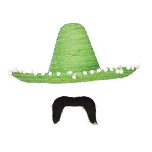 Carnaval verkleed set - Mexicaanse sombrero hoed met plaksnor - groen - heren