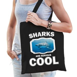 Katoenen tasje sharks are serious cool zwart - haaien/ haai cadeau tas