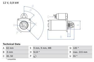 Startmotor / Starter BOSCH, Spanning (Volt)12V, u.a. für Citroën, Peugeot, Fiat