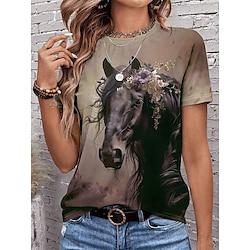 Dames T-shirt Ombre Paard Afdrukken Dagelijks Casual Korte mouw Strakke ronde hals Licht Bruin Zomer Lightinthebox