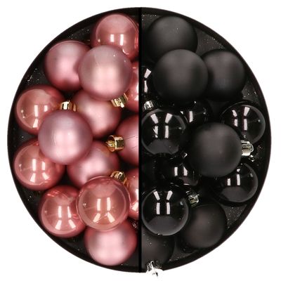 32x stuks kunststof kerstballen mix van oudroze en zwart 4 cm