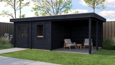 Lugarde Select Modern tuinhuis met overkapping Almere 388x388cm + 300cm - Zwarte olie- Plat dak- - Lugarde Select