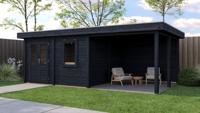 Lugarde Select Modern tuinhuis met overkapping Almere 388x388cm + 300cm - Zwarte olie- Plat dak- - Lugarde Select