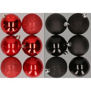 12x stuks kunststof kerstballen mix van rood en zwart 8 cm