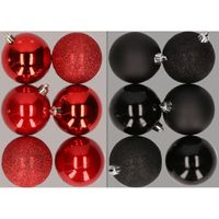 12x stuks kunststof kerstballen mix van rood en zwart 8 cm - thumbnail
