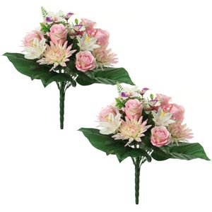 Kunstbloemen boeket roos/orchidee/chrysant - 2x - roze - H36 cm - Bloemstuk - Bladgroen