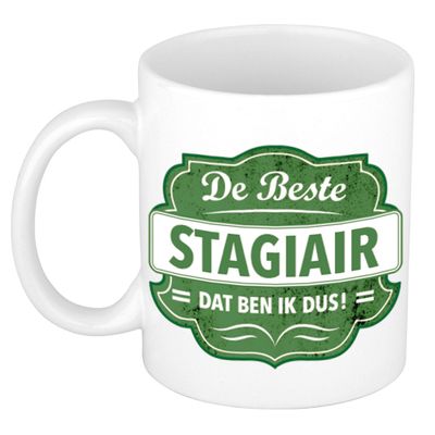 De beste stagiair dat ben ik cadeau mok / beker wit met groen embleem 300 ml