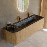 Badmeubel Mondiaz Kurve-Dlux | 145 cm | Meubelkleur Oak | Wastafelkleur Lava | Solid surface | Rechts spoelbak | 2 kraangaten