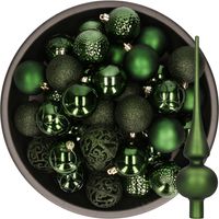 37x stuks kunststof kerstballen 6 cm incl. glazen piek mat donkergroen