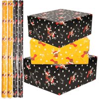 Set van 4x Rollen Kerst inpakpapier/cadeaupapier oker geel/zwart rendieren 2,5 x 0,7 meter