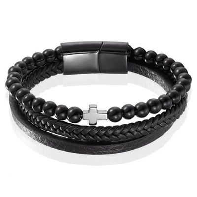 Heren armband Memphis Agaat kraal gevlochten leer Kruis Zwart - 20cm