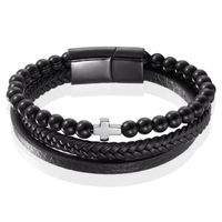 Heren armband Memphis Agaat kraal gevlochten leer Kruis Zwart - 20cm