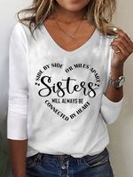 Women Sister Text Letters Regular Fit Casual V Neck T-Shirt