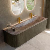Badmeubel Mondiaz Kurve-Dlux | 145 cm | Meubelkleur Shadow | Wastafelkleur Oza | Solid surface | Wasbak rechter zijde spoelbak | 2 kraangaten