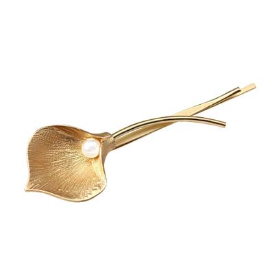 2 PC'S mode bruiloft haar juwelen bloem haarspeldjes Solid Metal Leaf Pearl haarspelden (01 goud)