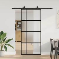 Schuifdeur met beslagset 90x205 cm gehard glas zwart