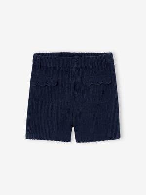 Fluwelen meisjesshort met zakken met festons marineblauw