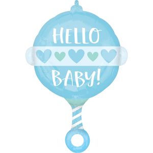 Folieballon Hello Baby Blauw Rammelaar