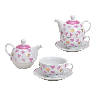 Theepottenset hartdecor van porselein, wit, roze, goud, 3-delig (B/H/D) 16x15x15 cm, 400 ml/200 ml