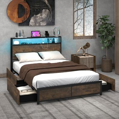 Tweepersoonsbedframe met LED Platformbed & Lades Geluidsloos Bedframe Rustiek Bruin