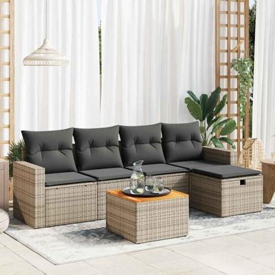 6-delige Loungeset met kussens poly rattan grijs