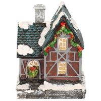 1x Polystone kersthuisjes/kerstdorpje huisjes grijze schoorsteen met verlichting 13,5 cm - thumbnail