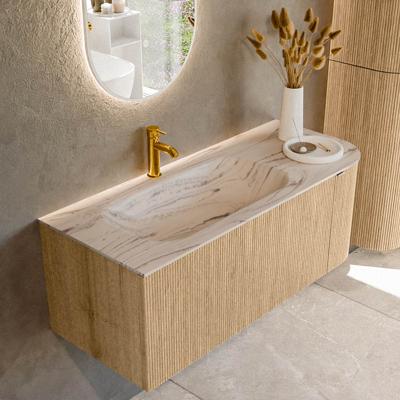 Badmeubel Mondiaz Kurve-Dlux | 115 cm | Meubelkleur Oak | Wastafelkleur Nata | Solid surface | Wasbak linker zijde spoelbak | 1 kraangat