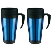 Thermosbeker/warmhoudbeker Koffie To Go - 2x - blauw/zwart - 400 ml - koffie/thee bekers - dubbelwan