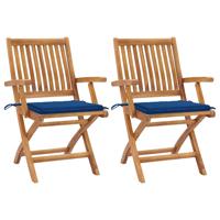 Tuinstoelen 2 st met koningsblauwe kussens massief teakhout