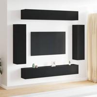 8-delige TV-kast Set - Wandgemonteerd in Zwart Eiken, Geengineerd Hout