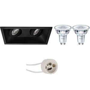 LED Spot Set - Pragmi Zano Pro - GU10 Fitting - Inbouw Rechthoek Dubbel - Mat Zwart - Kantelbaar - 185x93mm - Philips - CorePro 827 36D - 4W - Zeer Warm Wit 2700K - Dimbaar