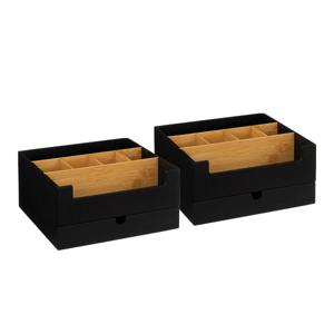 Make up organizer - 2x - zwart - 26 x 24 x 13 cm - bamboe hout - pennenbakje / bureau