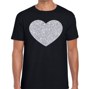 Zilver hart glitter fun t-shirt zwart heren