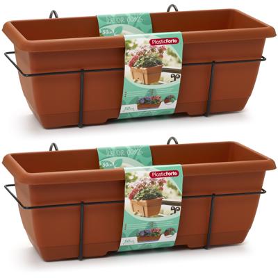 Plasticforte Balkonbak - 2x - terracotta bruin - 50 cm - plantenbak met hanger - bloembak