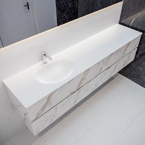 Mondiaz Vica Moon badmeubel wit carrara mat 200 cm 4 lades solid surface enkele spoelbak links 1 kraangat