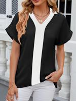 V Neck Casual Color Block Loose Shirt