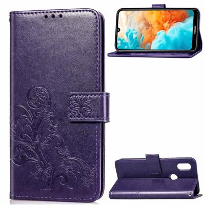 Lucky Clover ingedrukt bloemen patroon lederen draagtas voor Huawei Y6 2019 met houder & kaartsleuven & portemonnee & hand strap (paars)
