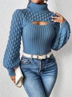 Bon&Bon Blue Cut Out Turtleneck Sweater - Rib-Knit Lantern Sleeve Pullover Blue / L