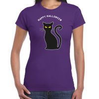 Halloween verkleed t-shirt voor dames - zwarte kat - paars - themafeest outfit - thumbnail