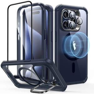 iPhone 15 Pro Armor Tough Case with Stash Stand Protection Bundle Clear Dark Blue