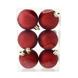 6x Donkerrode glitter kerstballen 6 cm kunststof