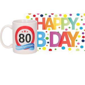 Verjaardag cadeau mok/beker 80 jaar print 300 ml + A5-size wenskaart Happy Birthday