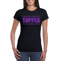 Topper t-shirt zwart met paarse glitters dames - thumbnail