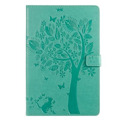 Voor Galaxy tab S5e ingedrukt afdrukken kat en boom patroon horizontale Flip lederen draagtas met houder & kaartsleuven & portemonnee (groen)